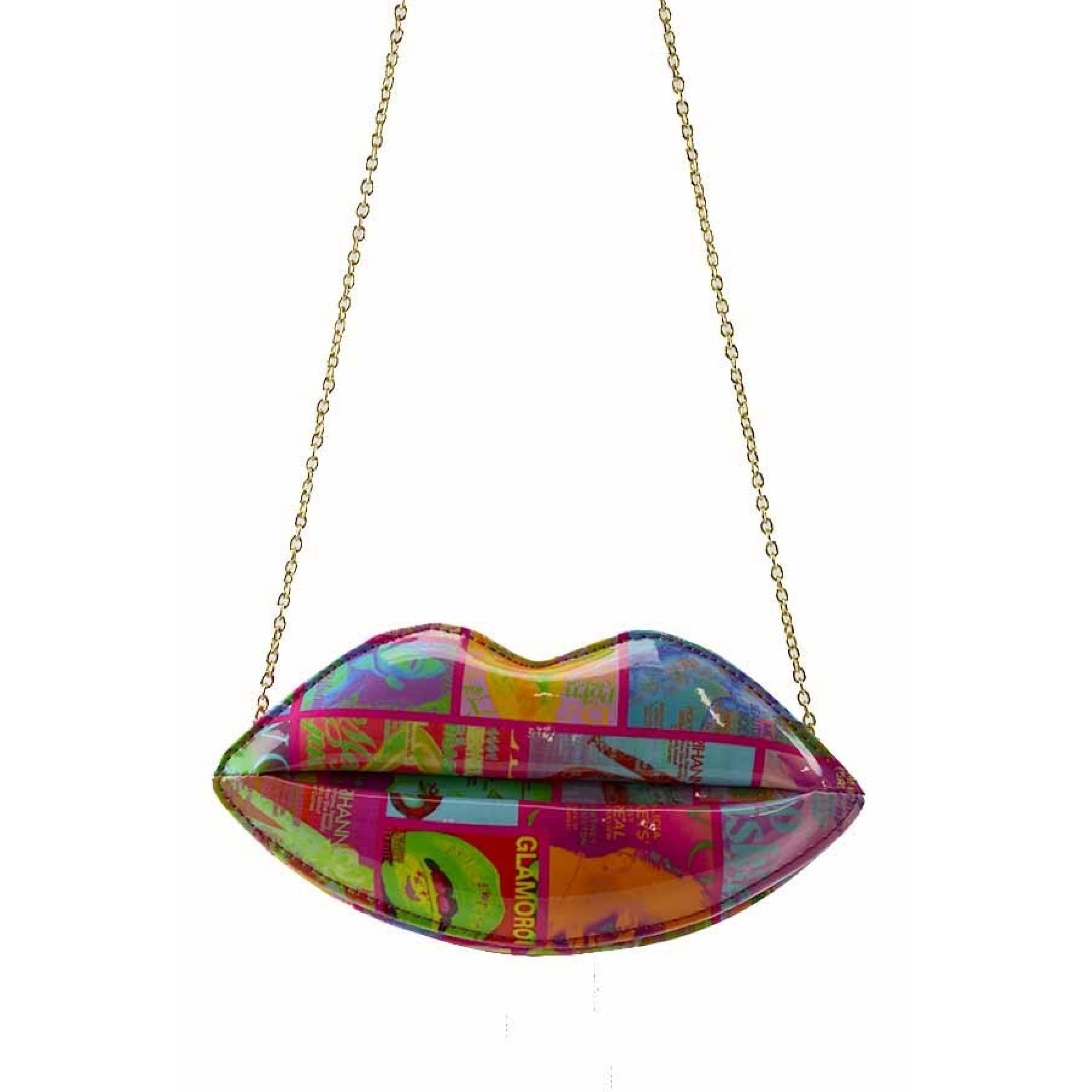 Faux Leather LIPS CLUTCH featuring a unique lips design, zipper closure, and a stylish chain strap.