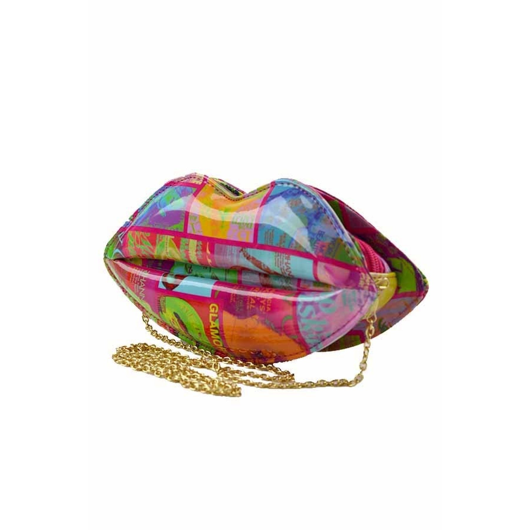 Faux Leather LIPS CLUTCH featuring a unique lips design, zipper closure, and a stylish chain strap.