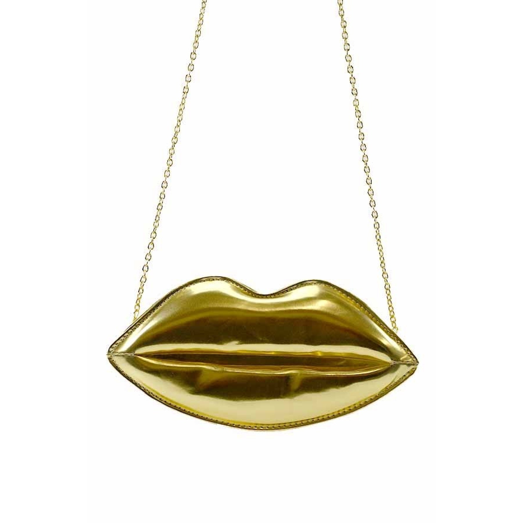 Faux Leather LIPS CLUTCH featuring a unique lips design, zipper closure, and a stylish chain strap.