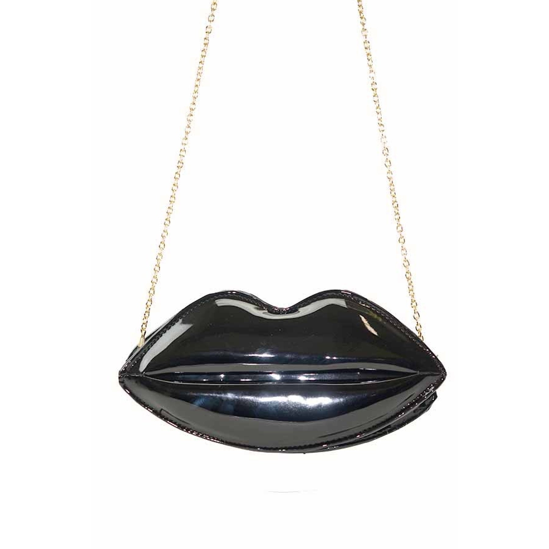 Faux Leather LIPS CLUTCH featuring a unique lips design, zipper closure, and a stylish chain strap.