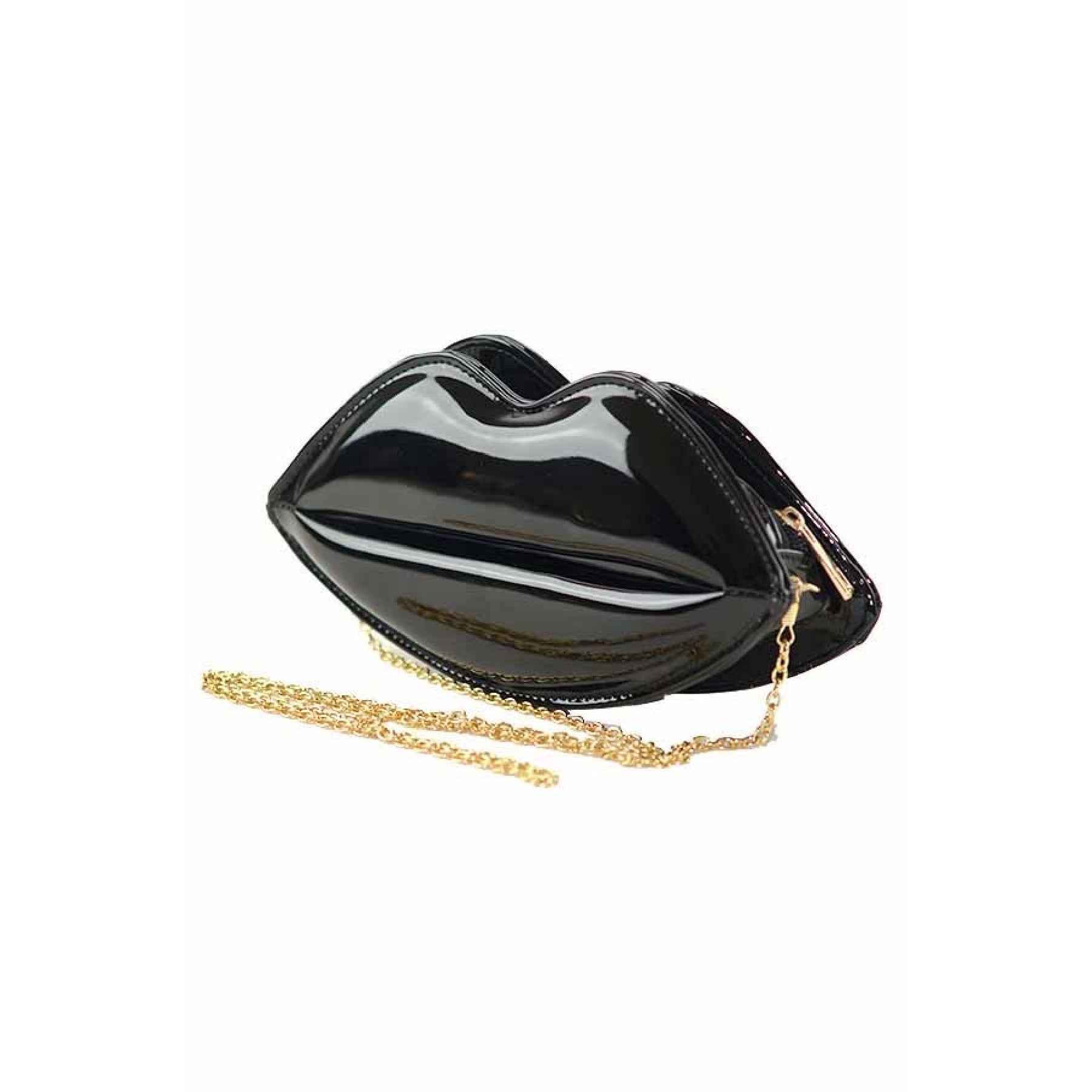 Faux Leather LIPS CLUTCH featuring a unique lips design, zipper closure, and a stylish chain strap.