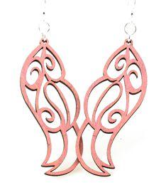 A pair of pink feather dangle earrings made from sustainably sourced wood, featuring silver-finished stainless steel ear wires.