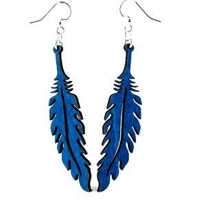 A pair of royal blue feather earrings, made from sustainably sourced wood with silver-finished stainless steel ear wires, showcasing a unique and stylish design.