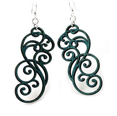 Elegant teal Filigree Scroll Earrings made from sustainably sourced wood with intricate laser-cut design and hypoallergenic stainless steel ear wires.