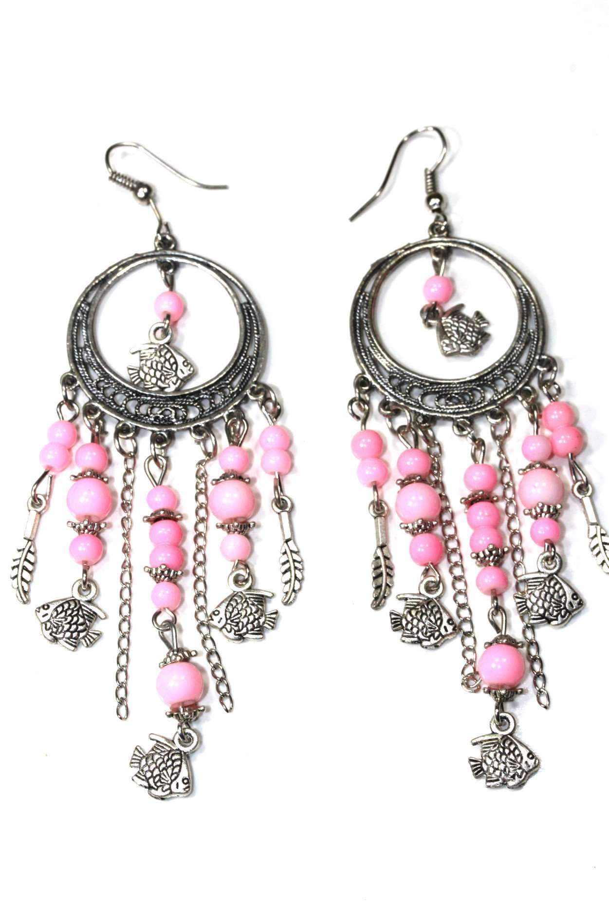 Colorful chandelier earrings featuring shiny pink beads and playful fish charms, perfect for beach outings.