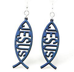 Fish JESUS Earrings #1189 made from sustainably sourced wood, featuring a religious fish icon in vibrant Royal Blue color.