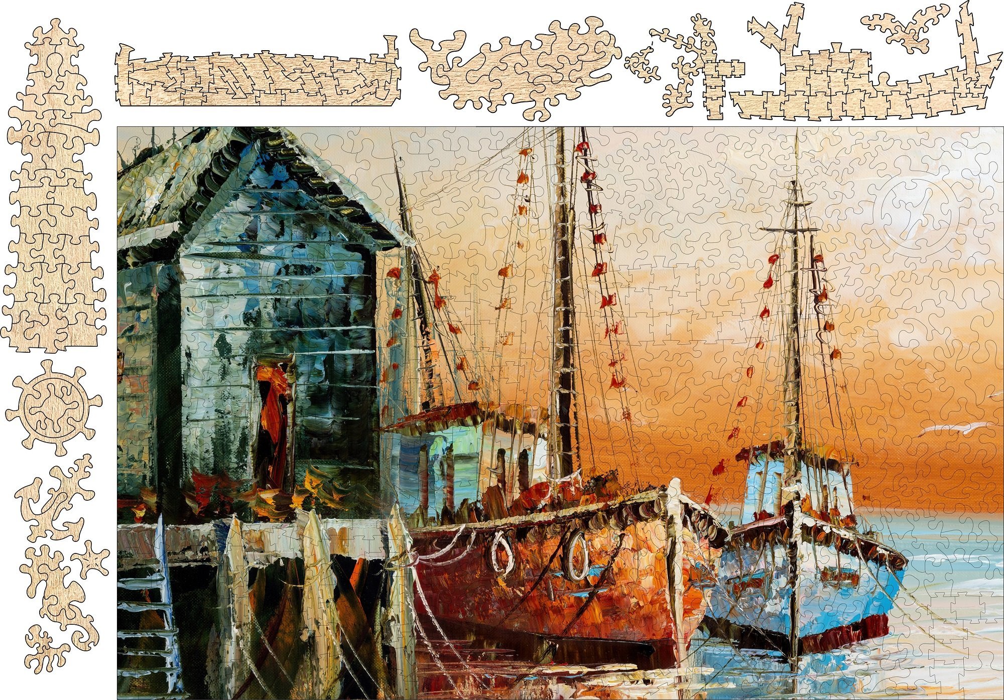 Fisherman's Wharf Puzzle featuring 303 precision-cut pieces in a burlap bag, showcasing vibrant artwork and high-quality materials.