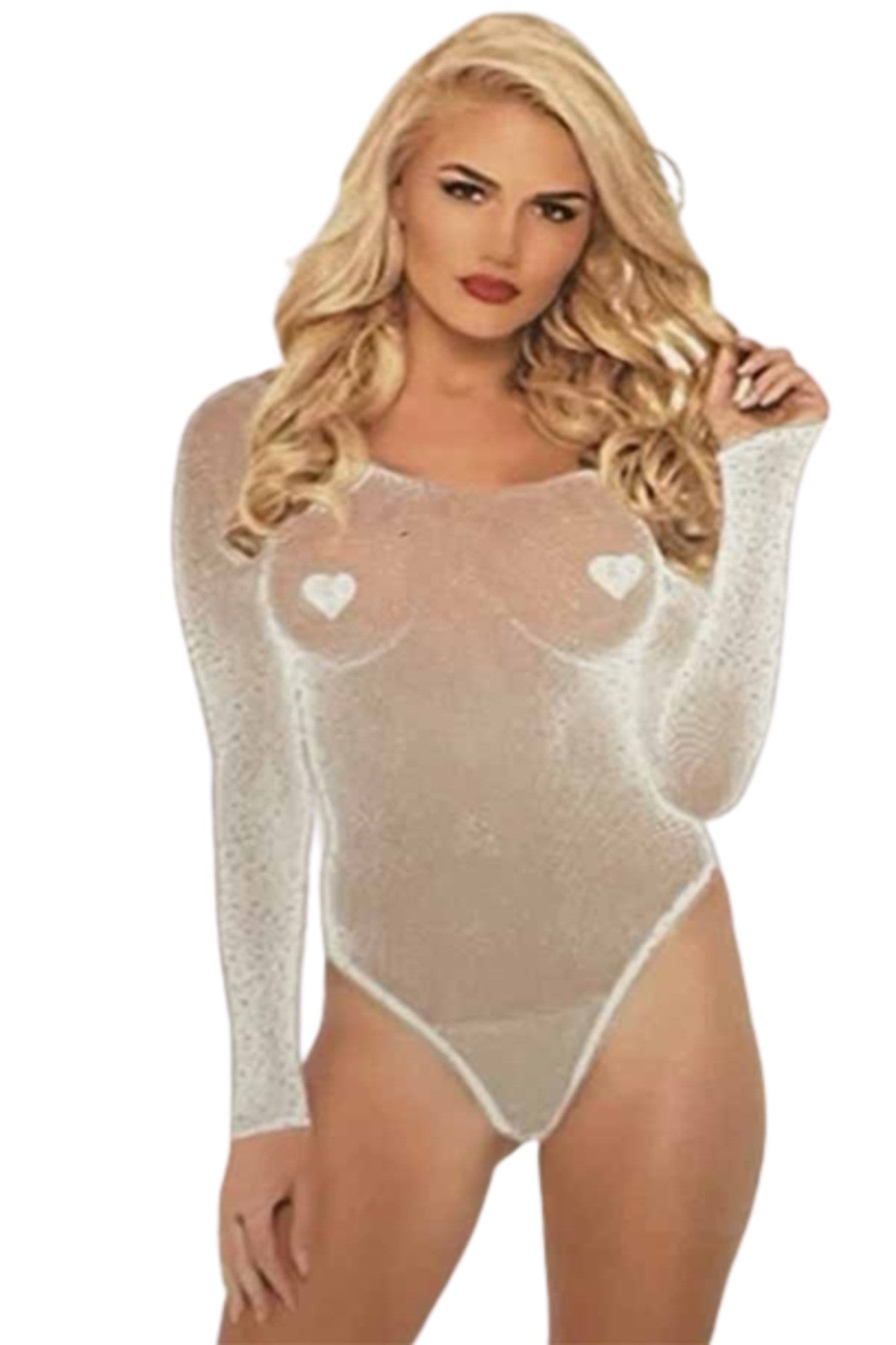 A stylish fishnet bodysuit made of nylon and spandex, showcasing its unique design and comfortable fit.