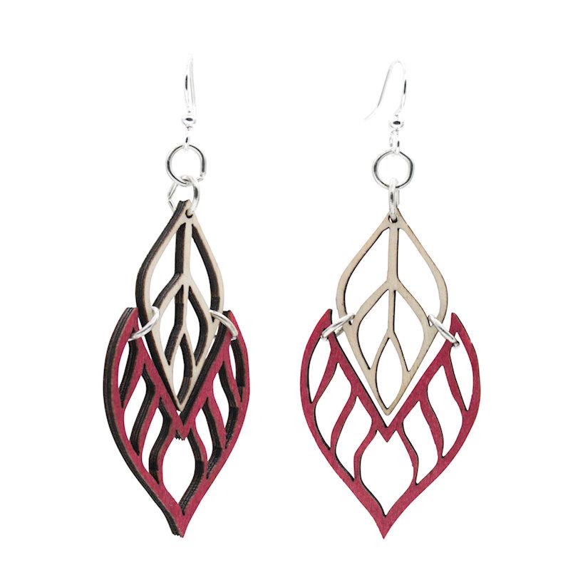 Flame Tip Wood Earrings #1651 featuring a unique design, made from sustainably sourced wood with a cherry red bottom attachment.