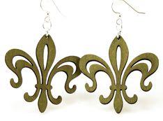 Fleur de Lis Hollow Point Earrings in Apple Green, showcasing intricate laser-cut wood design and hypoallergenic stainless steel ear wires.