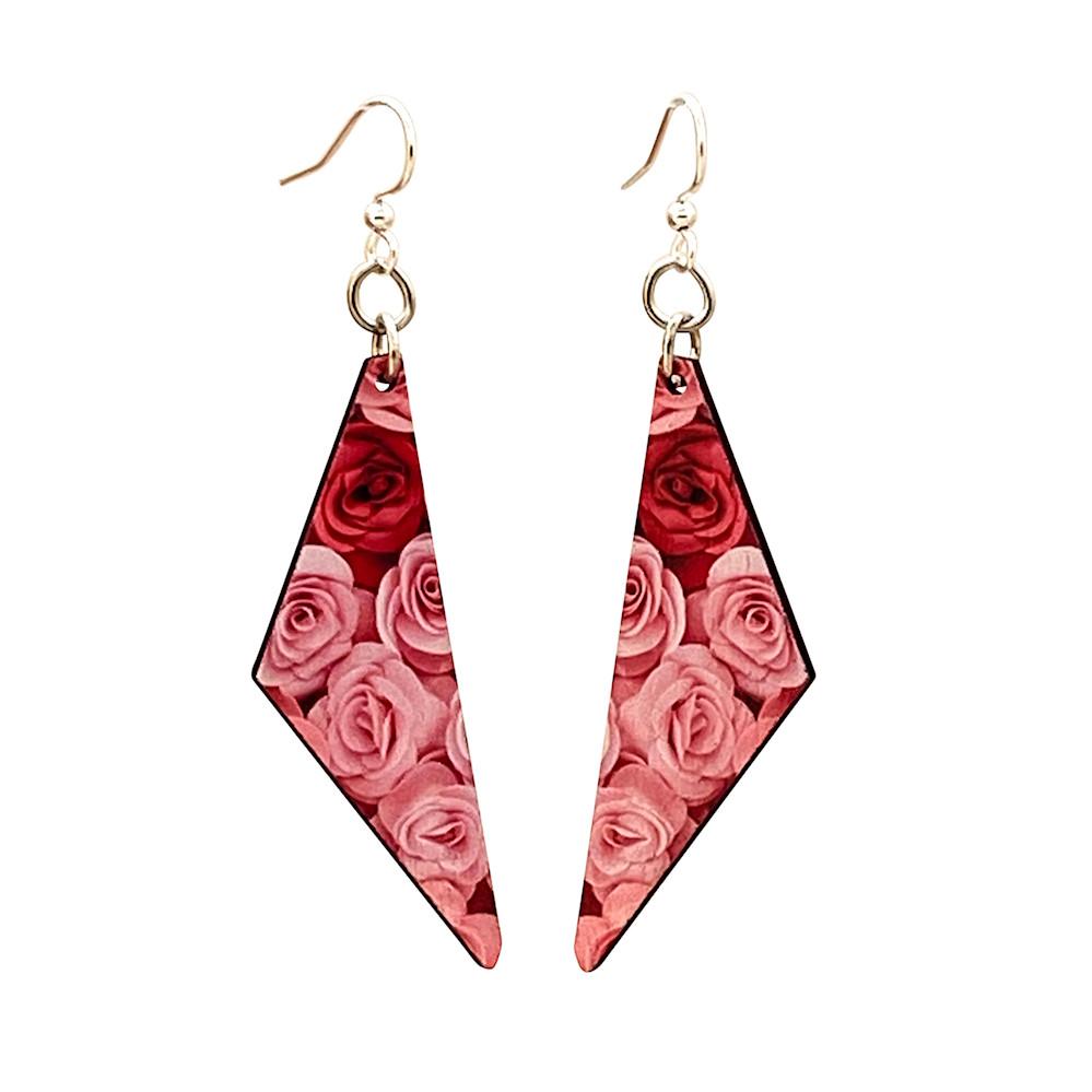 Floral Rose Earrings #1669 featuring detailed rose petal design on sustainably sourced wood with silver-finished stainless steel ear wires.