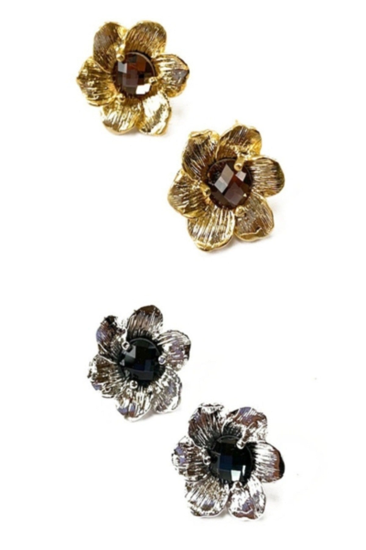 A pair of elegant jeweled flower earrings with a post back design, featuring a double plated finish and a diameter of 3/4 inch.