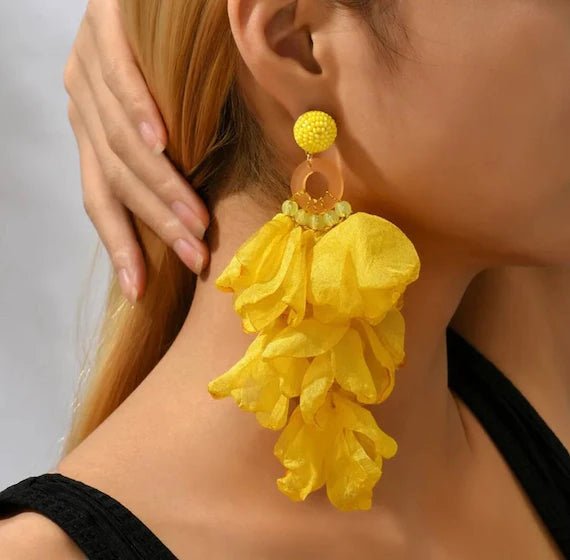 A pair of stylish Flower Glam Earrings featuring vibrant beaded lace flowers, perfect for accessorizing any outfit.