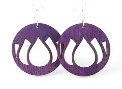 Flower Petal Earrings #1355 in vibrant purple, made from sustainably sourced wood with intricate laser-cut design.