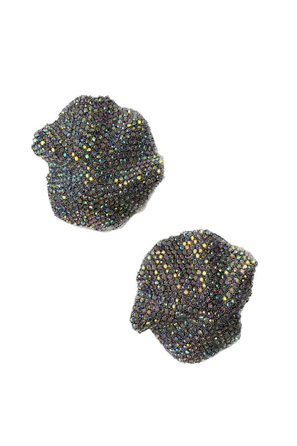 Elegant flower-shaped earrings fully adorned with sparkling rhinestones, featuring a secure post back closure.