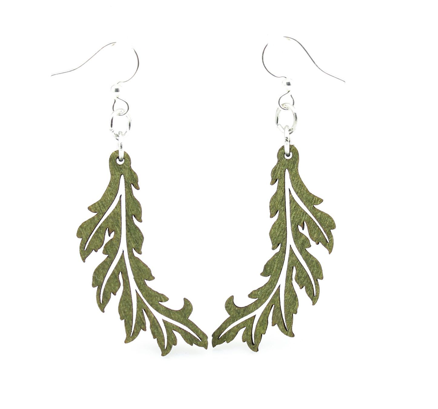 Flowing Leaf Earrings #1418 in Apple Green, made from sustainably sourced wood with silver-finished stainless steel ear wires.