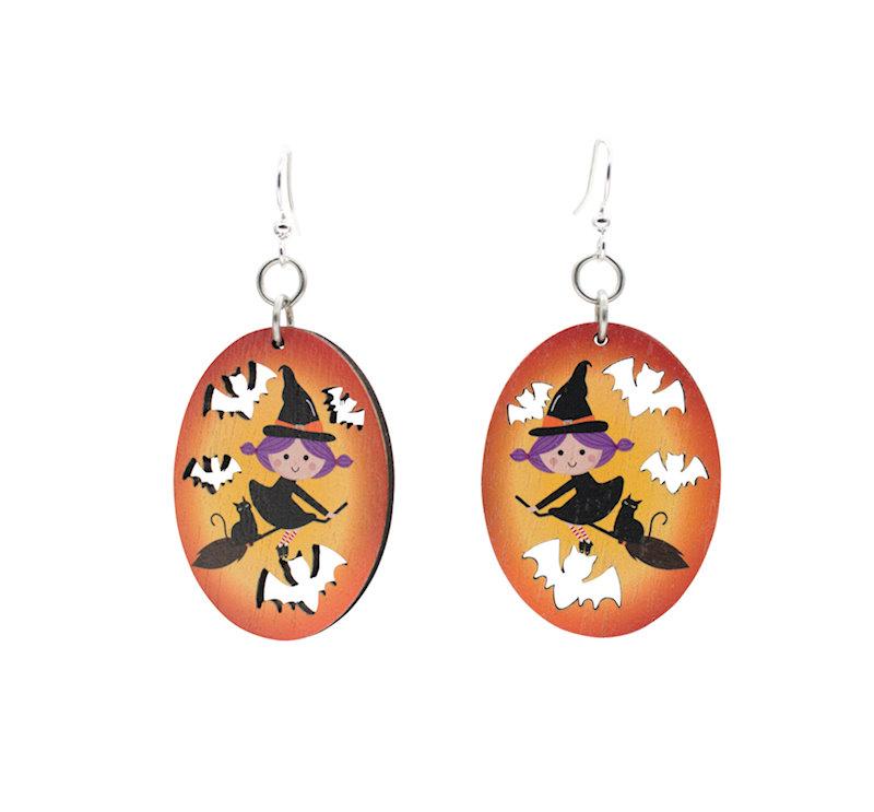 A pair of Flying Witch Earrings #1647 made from sustainably sourced wood, featuring a playful witch design, silver-finished hypoallergenic ear wires, and a natural wood back.