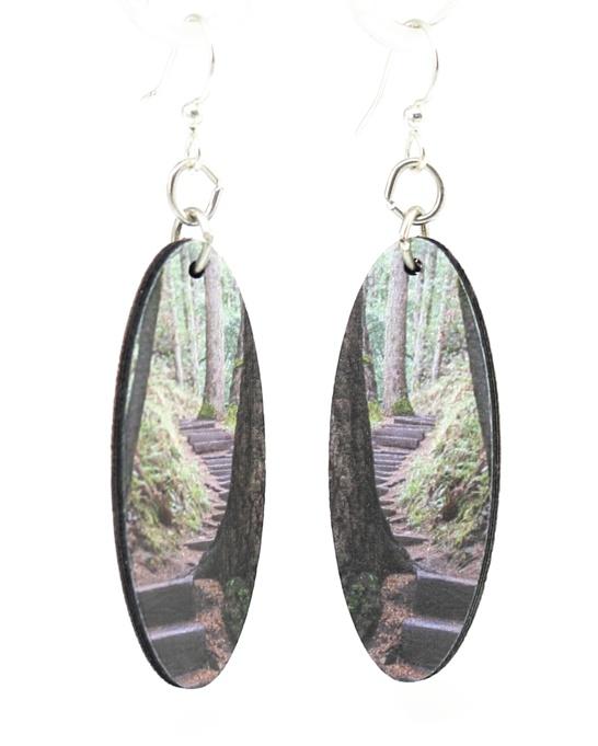 Forest Trail Earrings made from sustainably sourced wood with silver-finished stainless steel ear wires, featuring a natural wood back.