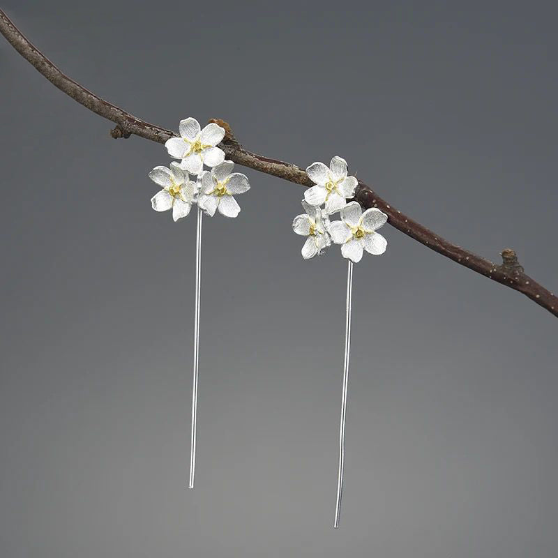 Elegant Forget Me Not Earrings made of 925 sterling silver with 18k gold plating, featuring three detailed forget-me-not flowers.