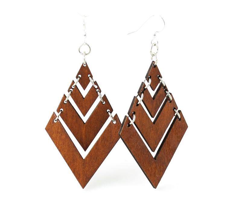 Fountain Pyramid Earrings #1440 made from sustainably sourced wood with a Rasta design, featuring silver-finished stainless steel ear wires.