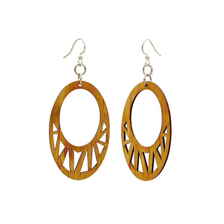 Stylish Fragmented Oval Bamboo Earrings showcasing a unique design made from sustainable bamboo material.