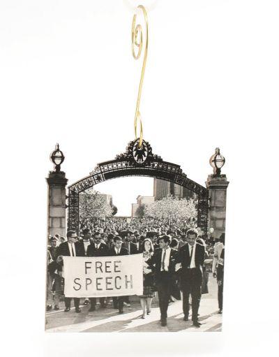 Free Speech Ornament #9980 featuring a 3-D illusion design, made from eco-friendly birch wood or recycled paper, celebrating the UC Berkeley Free Speech Movement.