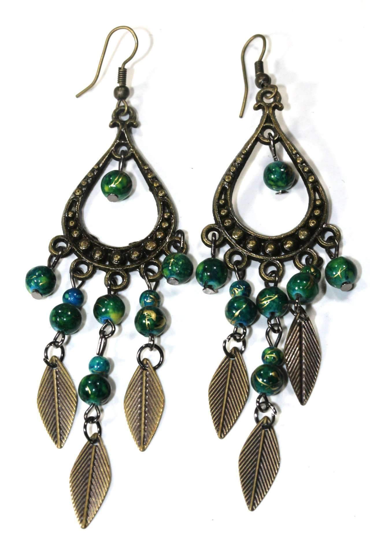 Elegant Free Spirit Leaf Dangler Earrings featuring marbled beads and leaf charms in earthy tones.