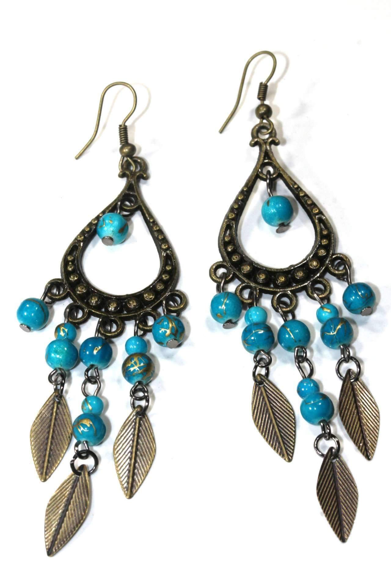 Elegant Free Spirit Leaf Dangler Earrings featuring marbled beads and leaf charms in earthy tones.