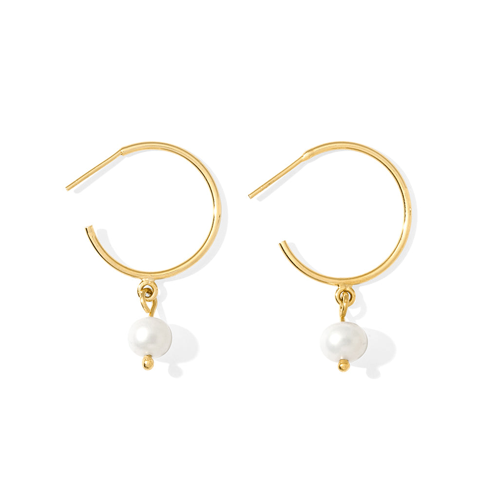 Handcrafted Freshwater Pearl Hoop Earrings made from recycled bombshells with gold plating and freshwater pearls.