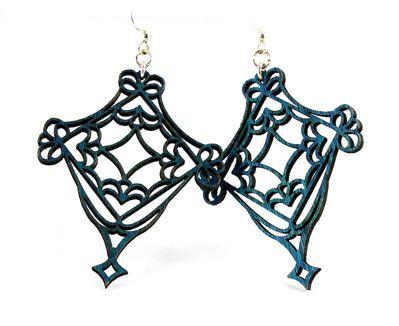 Elegant Fretwork Earrings #1141 made from sustainably sourced wood, featuring intricate laser-cut design in Aqua Marine color.