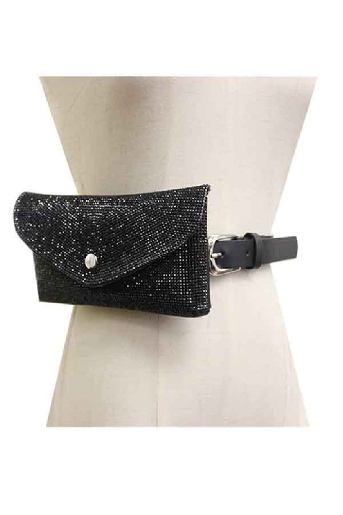 A stylish Full Crystal Clutch/Fanny Pack with a detachable waist belt, featuring a magnetic button closure and a sparkling crystal design.