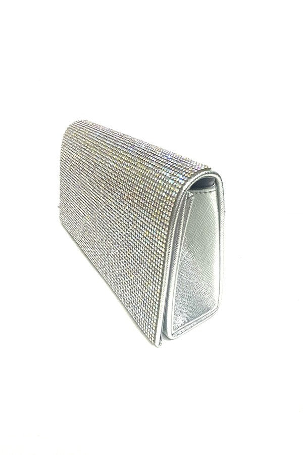 Elegant Full Crystal Cover Evening Clutch with detachable chain and magnetic closure, featuring a soft lining and open wall pocket.