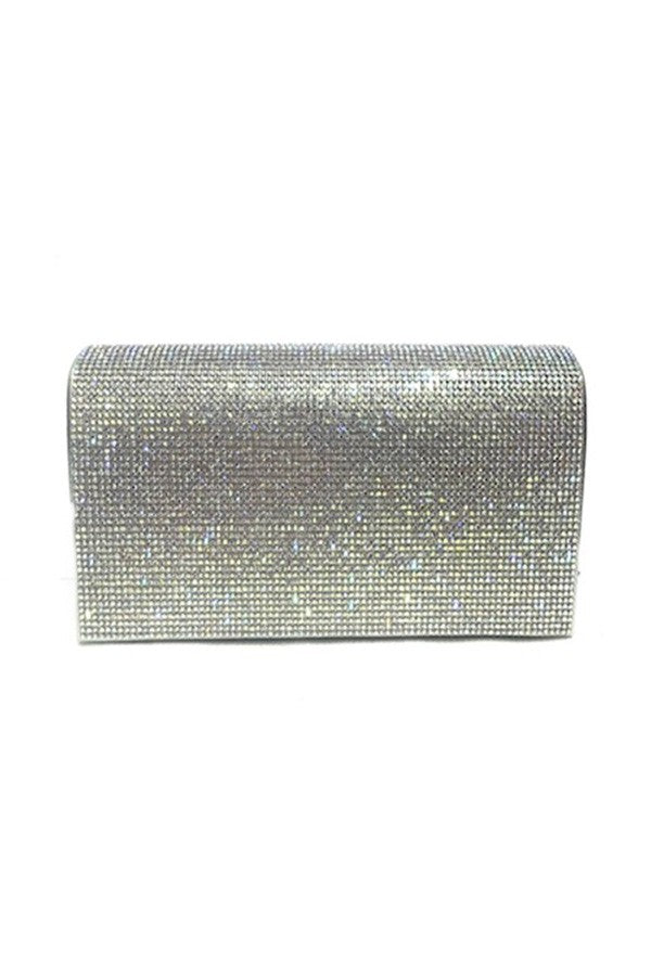 Elegant Full Crystal Cover Evening Clutch with detachable chain and magnetic closure, featuring a soft lining and open wall pocket.