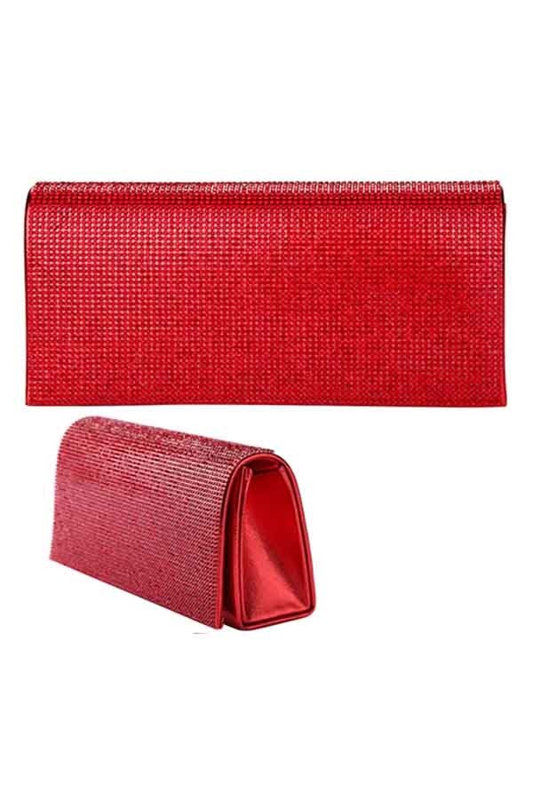 A luxurious full crystal cover evening clutch with a detachable chain, featuring a soft lining and an open wall pocket.