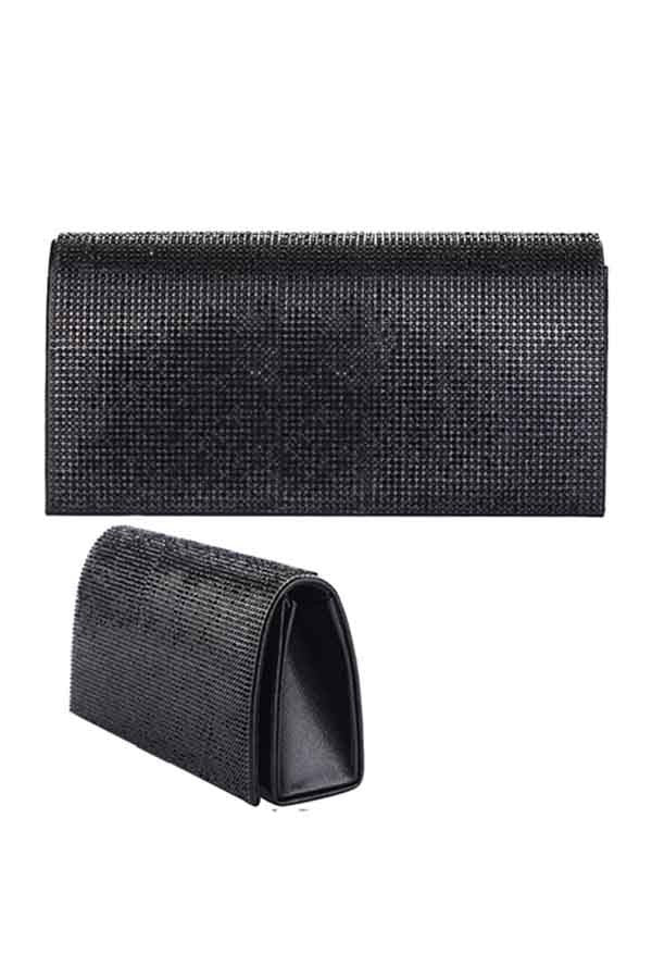 A luxurious full crystal cover evening clutch with a detachable chain, featuring a soft lining and an open wall pocket.