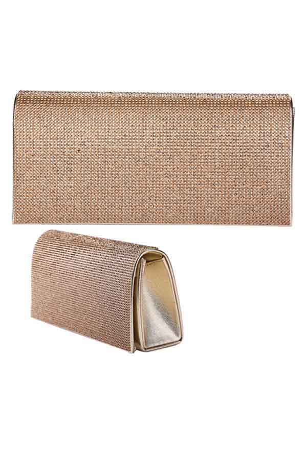 A luxurious full crystal cover evening clutch with a detachable chain, featuring a soft lining and an open wall pocket.