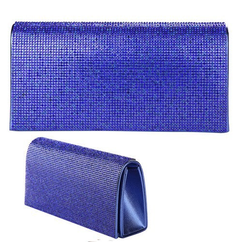 A luxurious full crystal cover evening clutch with a detachable chain, featuring a soft lining and an open wall pocket.