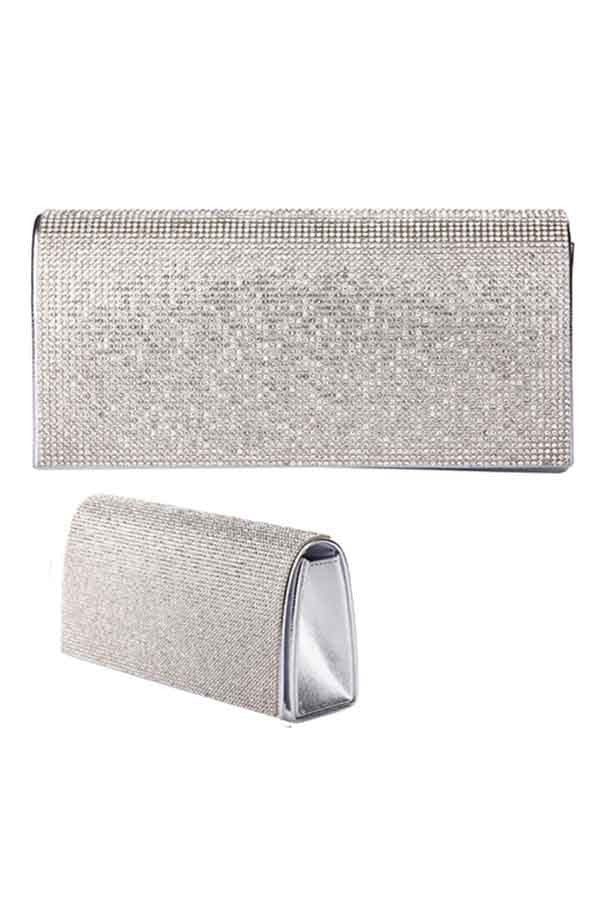 A luxurious full crystal cover evening clutch with a detachable chain, featuring a soft lining and an open wall pocket.