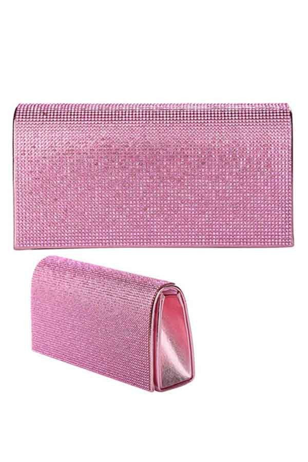 A luxurious full crystal cover evening clutch with a detachable chain, featuring a soft lining and an open wall pocket.