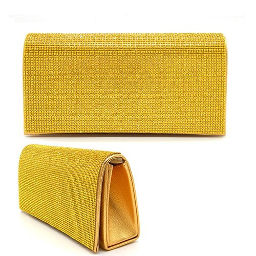 A luxurious full crystal cover evening clutch with a detachable chain, featuring a soft lining and an open wall pocket.