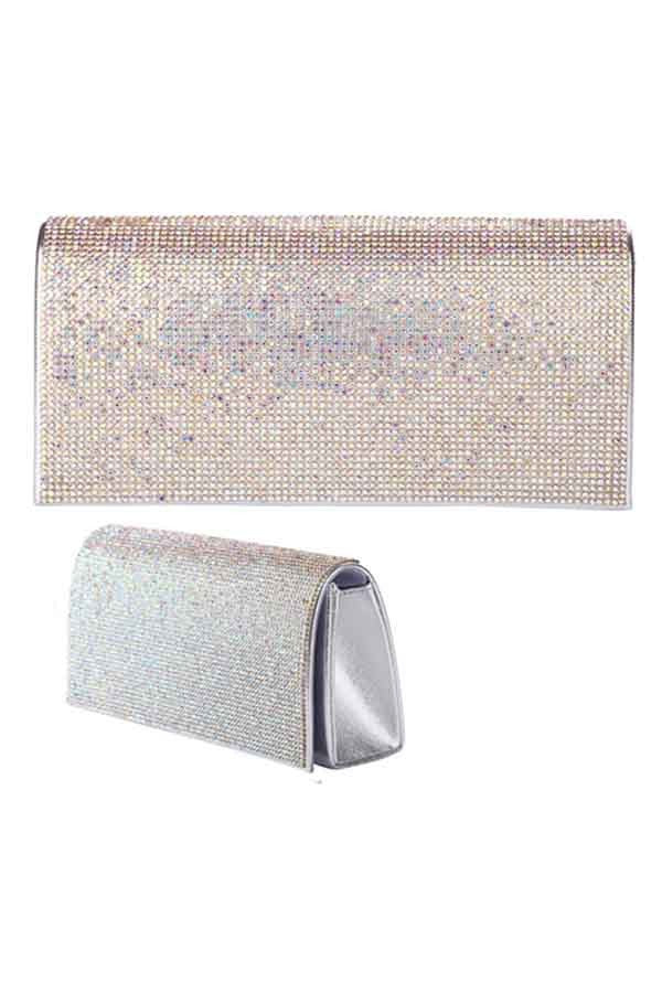 A luxurious full crystal cover evening clutch with a detachable chain, featuring a soft lining and an open wall pocket.