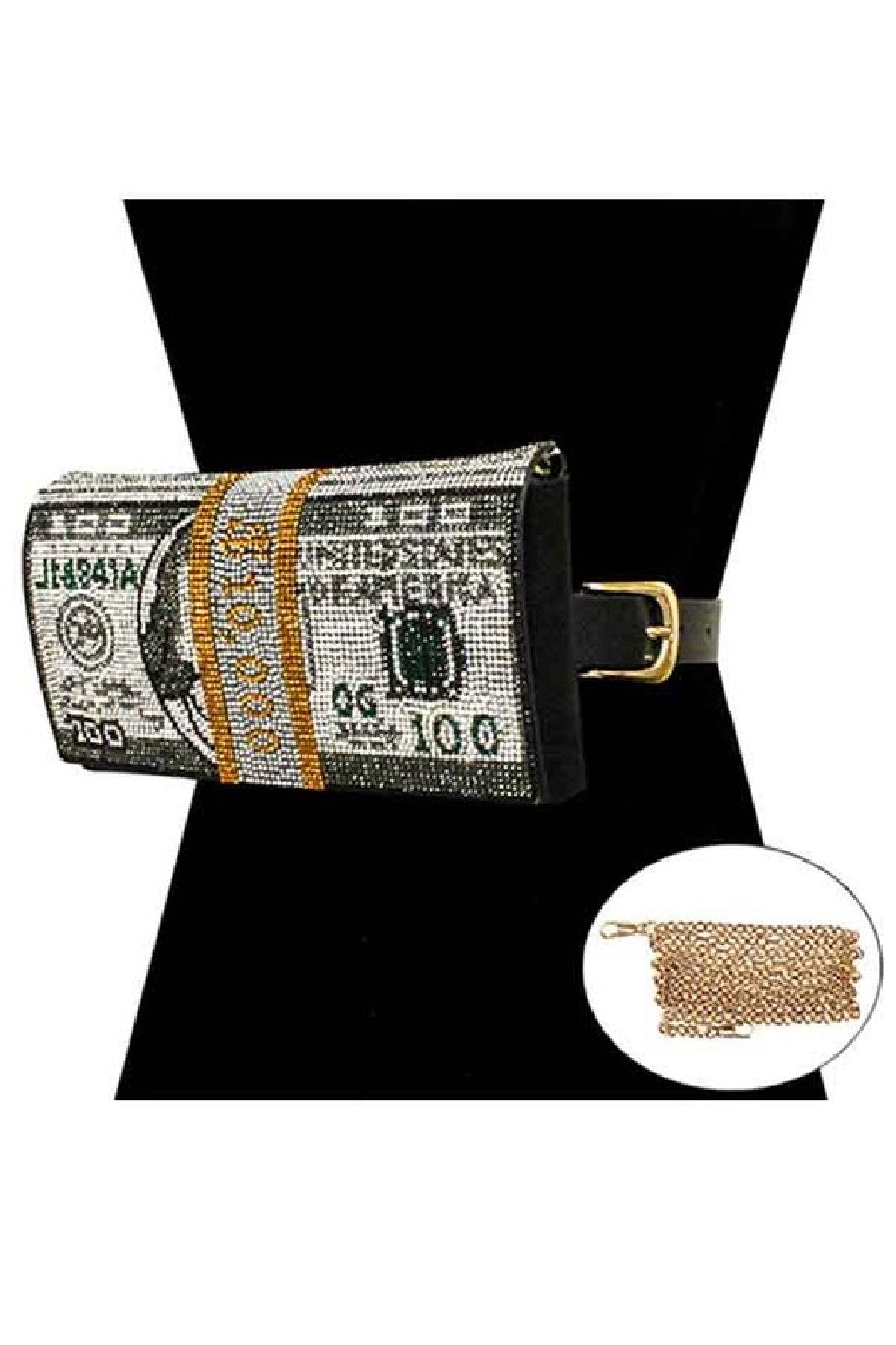 A stylish Full Crystal Money Clutch fanny pack with a detachable chain and waist belt, featuring a magnetic button closure and adorned with sparkling crystals.