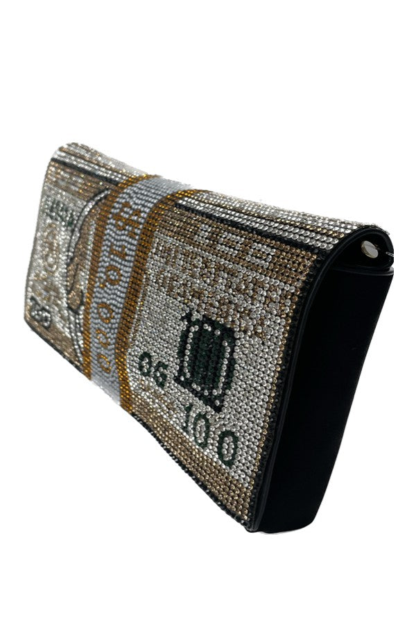 A stylish Full Crystal Money Clutch fanny pack with a detachable chain and waist belt, featuring a magnetic button closure and adorned with sparkling crystals.