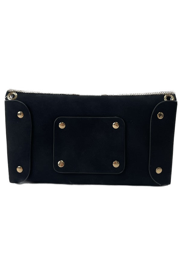 A stylish Full Crystal Money Clutch fanny pack with a detachable chain and waist belt, featuring a magnetic button closure and adorned with sparkling crystals.