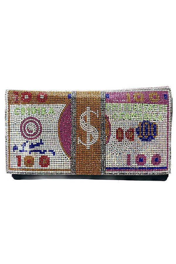 A stylish Full Crystal Money Clutch fanny pack with a detachable chain and waist belt, featuring a magnetic button closure and adorned with sparkling crystals.