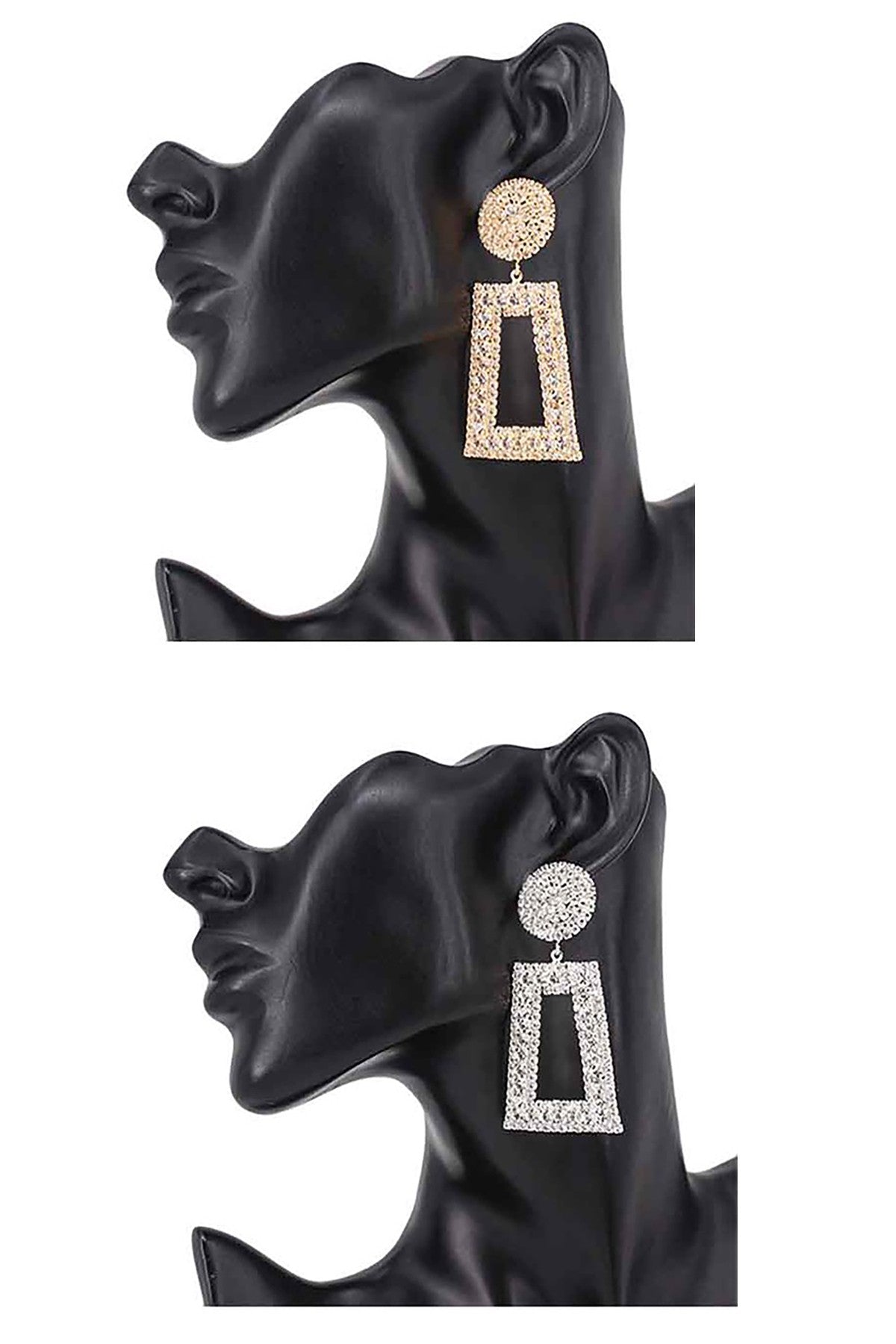 Full Crystal Open Rectangular Post Earrings with a stunning drop design, showcasing sparkling crystals in a modern rectangular shape.