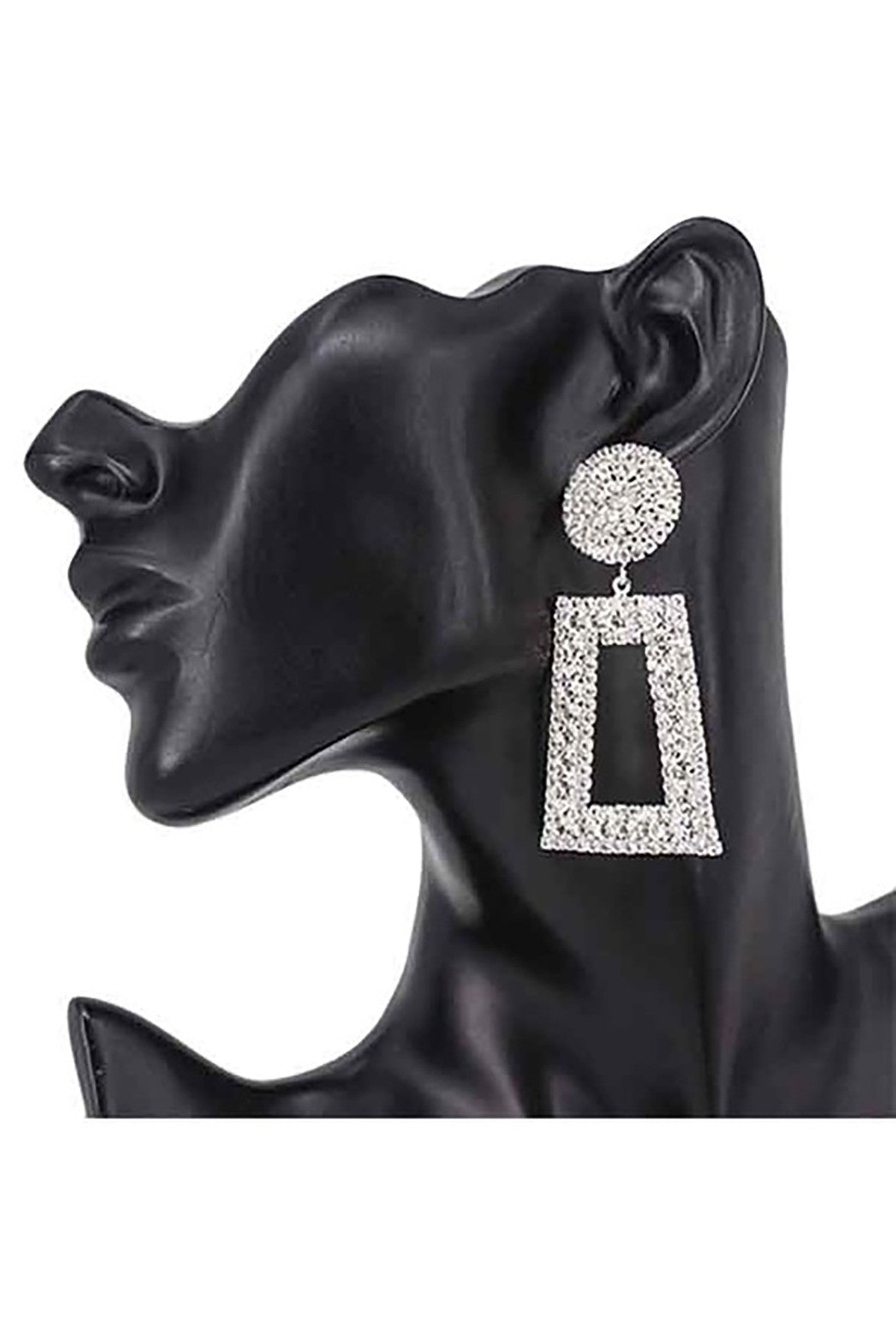 Full Crystal Open Rectangular Post Earrings with a stunning drop design, showcasing sparkling crystals in a modern rectangular shape.