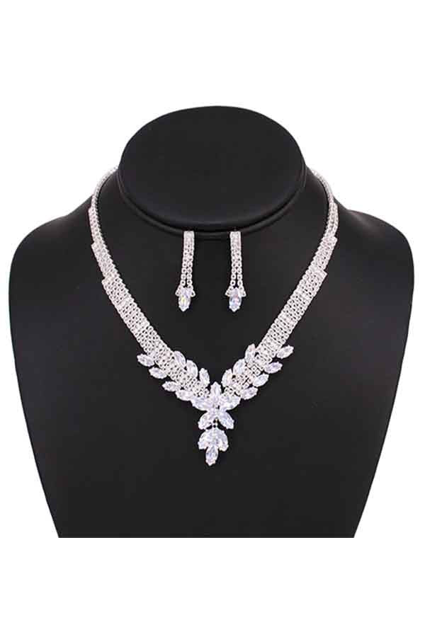 Full Cubic Zirconia Crystal Necklace Set featuring a 14-inch necklace and 1.5-inch earrings, showcasing sparkling crystals and a lobster claw clasp.