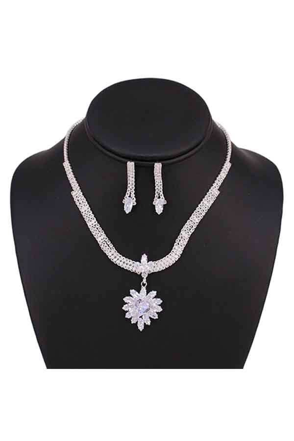 Full Cubic Zirconia Crystal Necklace Set featuring a 14-inch necklace with extender and 1.5-inch earrings, sparkling and elegant design.