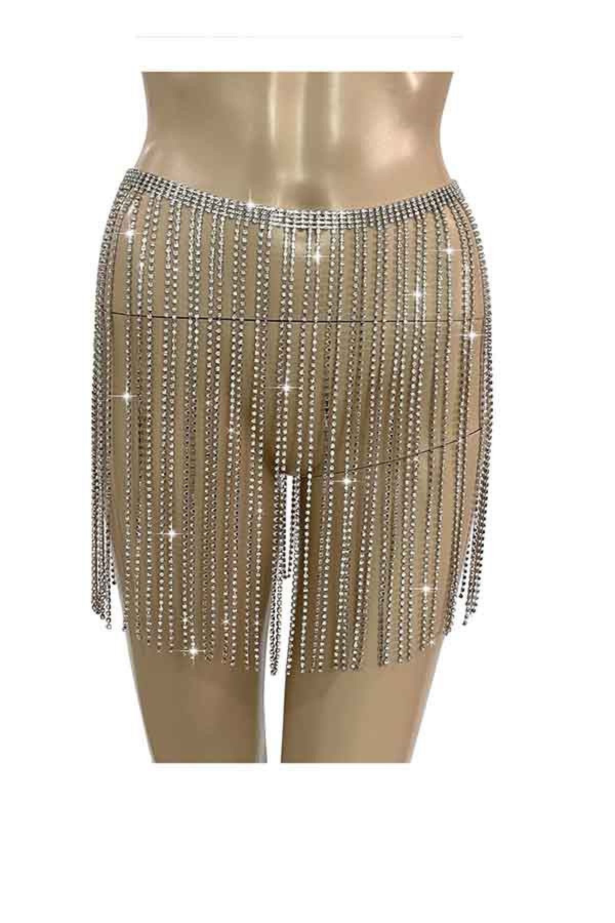 A glamorous full rhinestone fringe skirt belt featuring sparkling rhinestones and a lobster claw clasp with an extender.